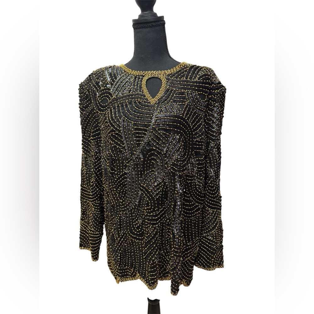 Robert Anthony Elegant Black and Gold Beaded Women's Top, 25” ptp, fits 1X